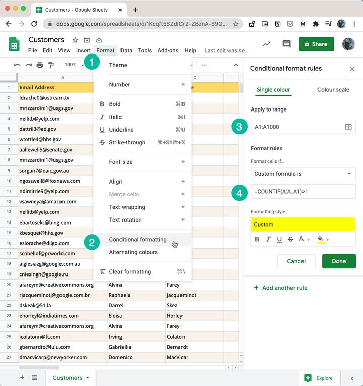 Đánh dấu các mục trùng lặp trong Google Sheets
